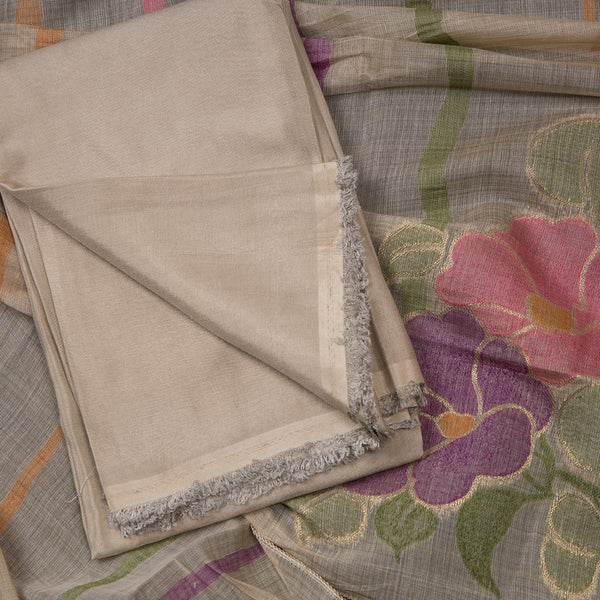 Mul Chanderi Cream Unstitched Salwar Material With Dupatta