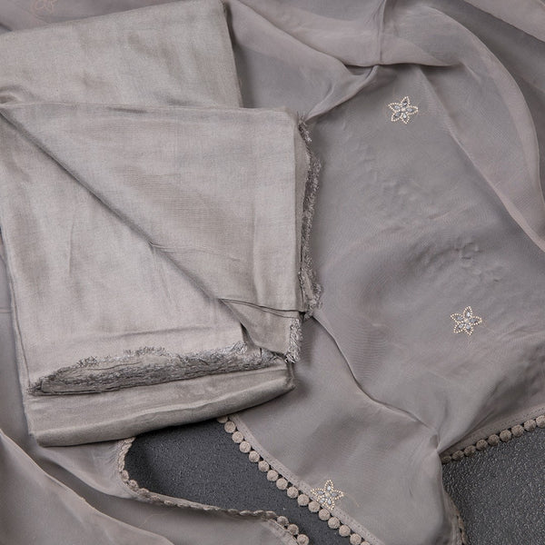 Mul Chanderi Grey Unstitched Salwar Material With Dupatta 02