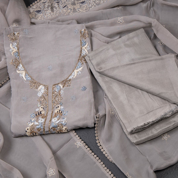 Mul Chanderi Grey Unstitched Salwar Material With Dupatta 02