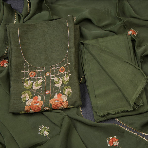 Mul Cotton Dark Olive Green Unstitched Salwar Material With Dupatta