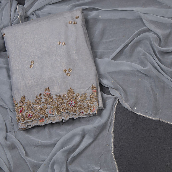 Raw Silk Grey Unstitched Salwar Material With Dupatta
