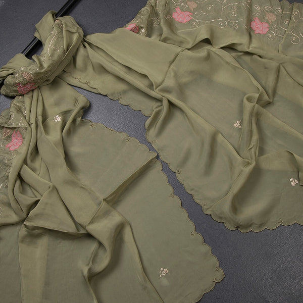 Mul Chanderi Pista Green Unstitched Salwar Material With Dupatta 03