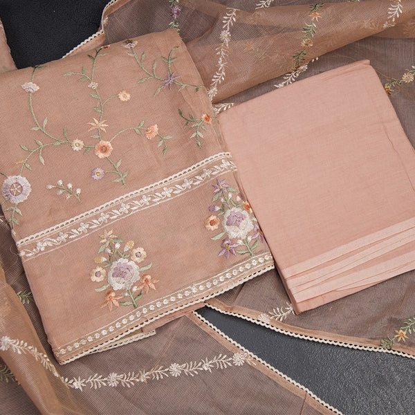 Mul Chanderi Peach Unstitched Salwar Material With Dupatta