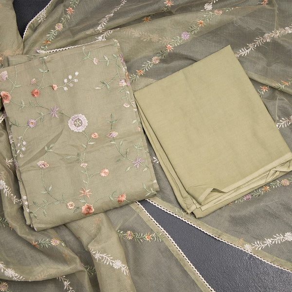 Mul Chanderi Pista Green Unstitched Salwar Material With Dupatta 04