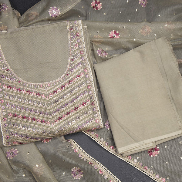 Mul Chanderi Pista Green Unstitched Salwar Material With Dupatta 05