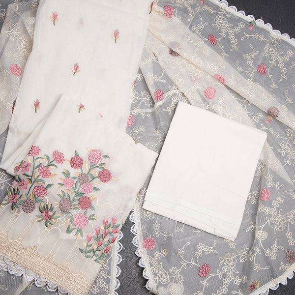 Mul Chanderi Cream Unstitched Salwar Material With Dupatta 03