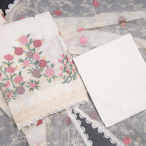 Mul Chanderi Cream Unstitched Salwar Material With Dupatta 03