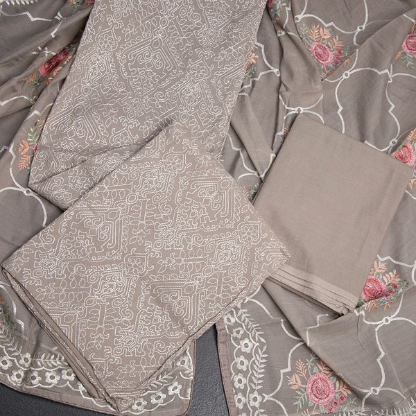Mul Chanderi Greyish Brown Unstitched Salwar Material With Dupatta 02