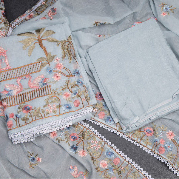 Silk Cotton Light Blue Unstitched Salwar Material With Dupatta