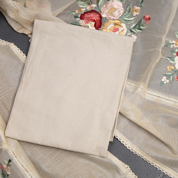 Raw Silk Cream Unstitched Salwar Material With Dupatta