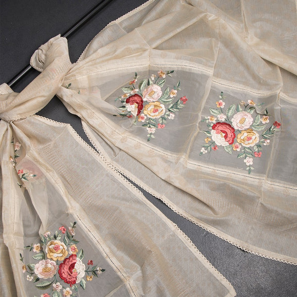 Raw Silk Cream Unstitched Salwar Material With Dupatta