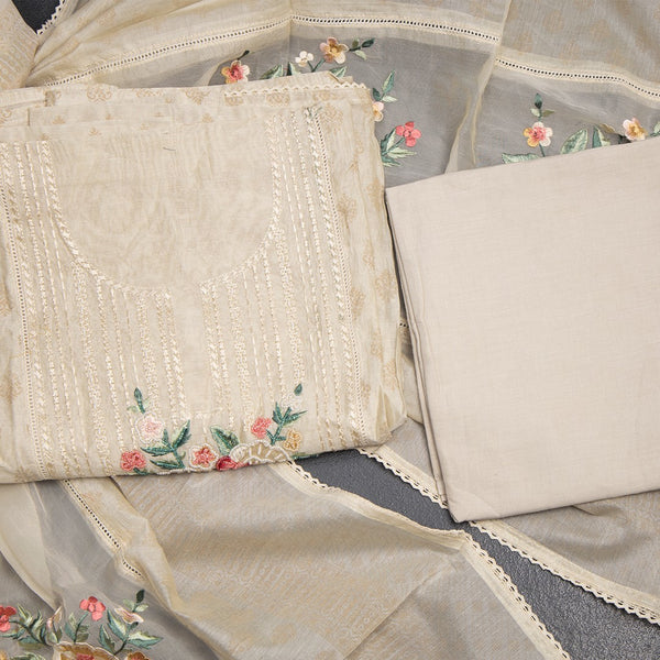 Raw Silk Cream Unstitched Salwar Material With Dupatta