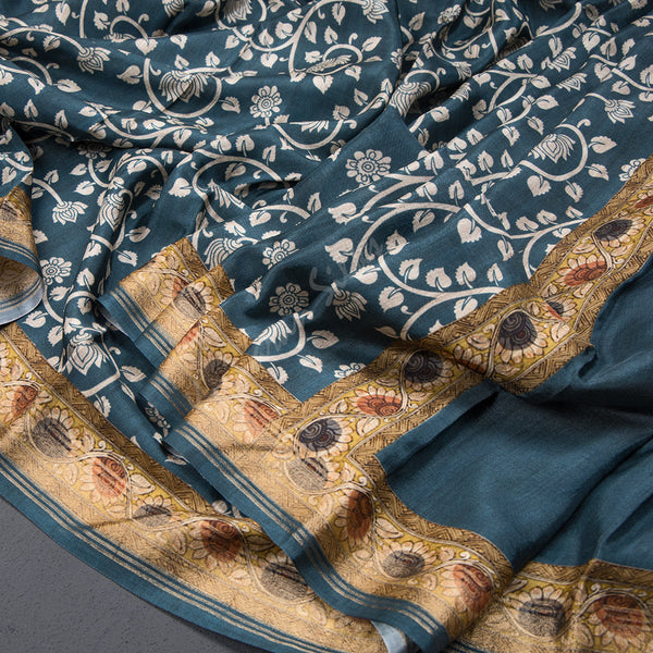 Modal Silk Dark Teal Blue Floral Printed Saree