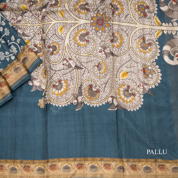 Modal Silk Dark Teal Blue Floral Printed Saree