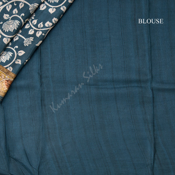 Modal Silk Dark Teal Blue Floral Printed Saree