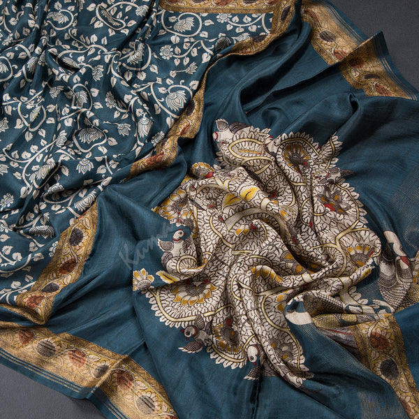 Modal Silk Dark Teal Blue Floral Printed Saree