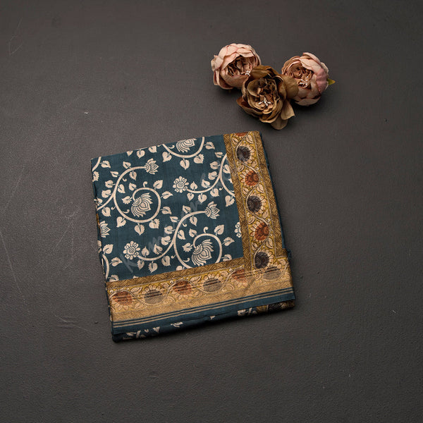 Modal Silk Dark Teal Blue Floral Printed Saree