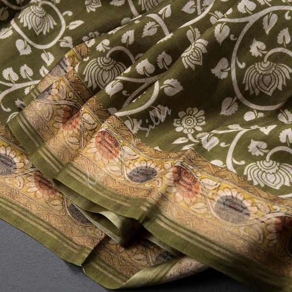 Modal Silk Olive Green Floral Printed Saree 02