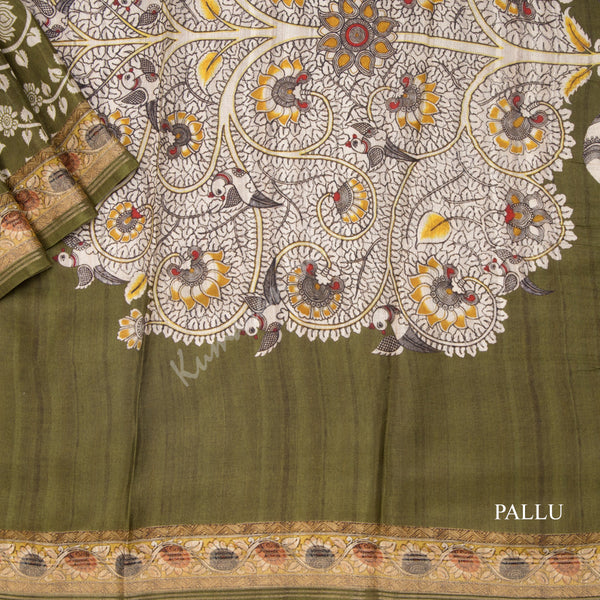Modal Silk Olive Green Floral Printed Saree 02