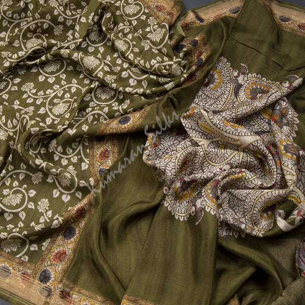 Modal Silk Olive Green Floral Printed Saree 02