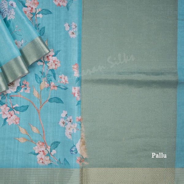 Semi Raw Silk Sky Blue Printed Saree