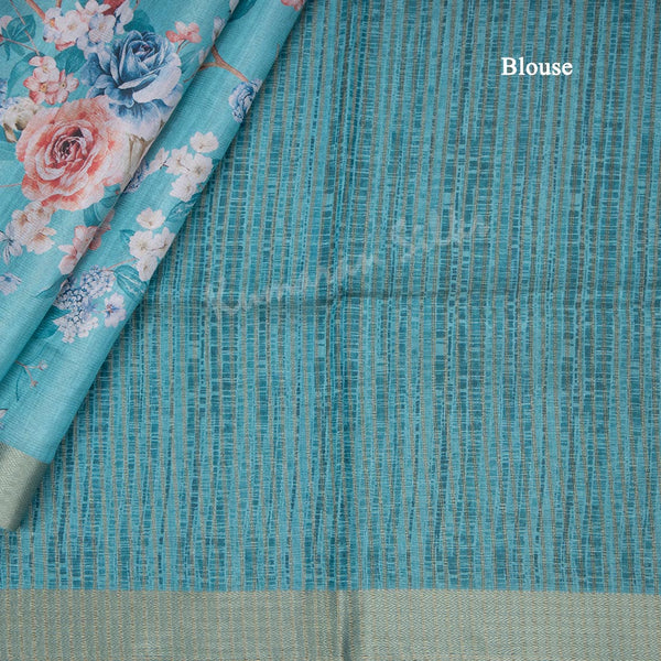 Semi Raw Silk Sky Blue Printed Saree