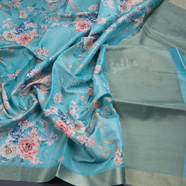Semi Raw Silk Sky Blue Printed Saree