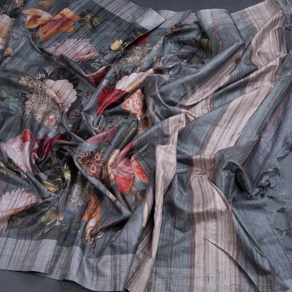 Semi Raw Silk Grey Printed Saree 08