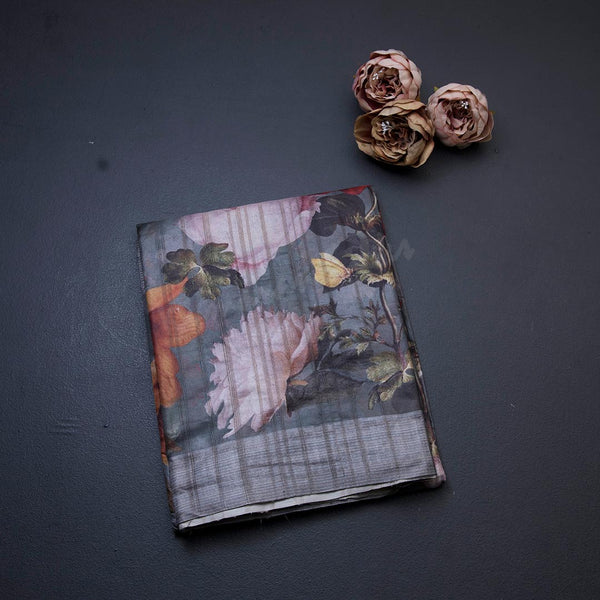 Semi Raw Silk Grey Printed Saree 08