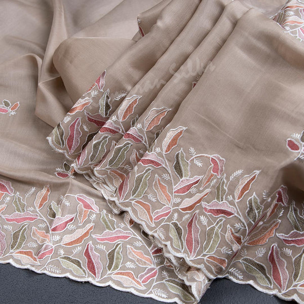 Semi Raw Silk Light Brown Thread Embroidered Saree