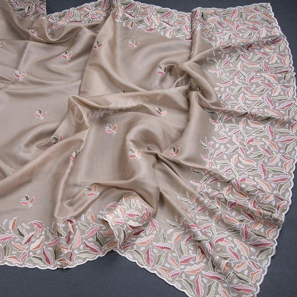 Chinon Light Brown Thread Embroidered Saree