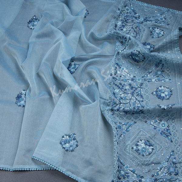 Semi Linen Light Blue Thread Embroidered Saree