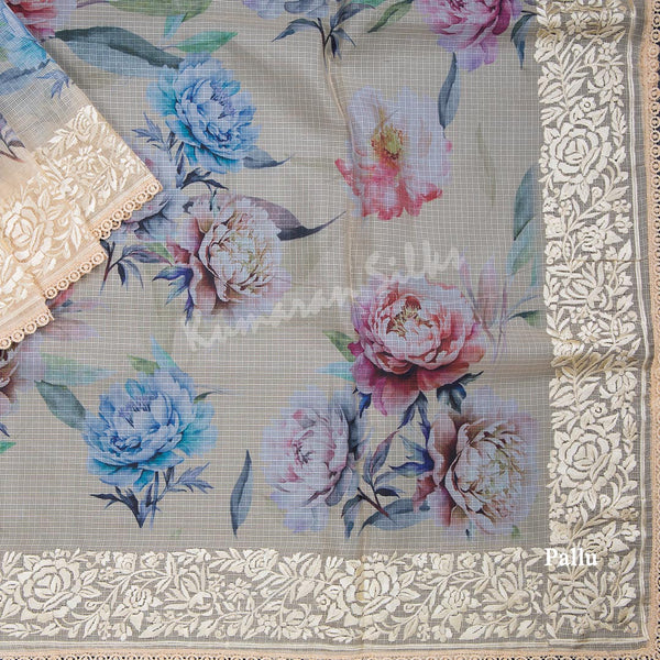 Semi Raw Silk Sandal Printed Saree With Thread Border