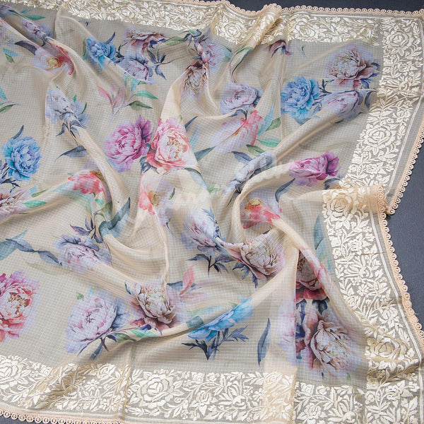 Kota Checked Sandal Printed Saree With Thread Border