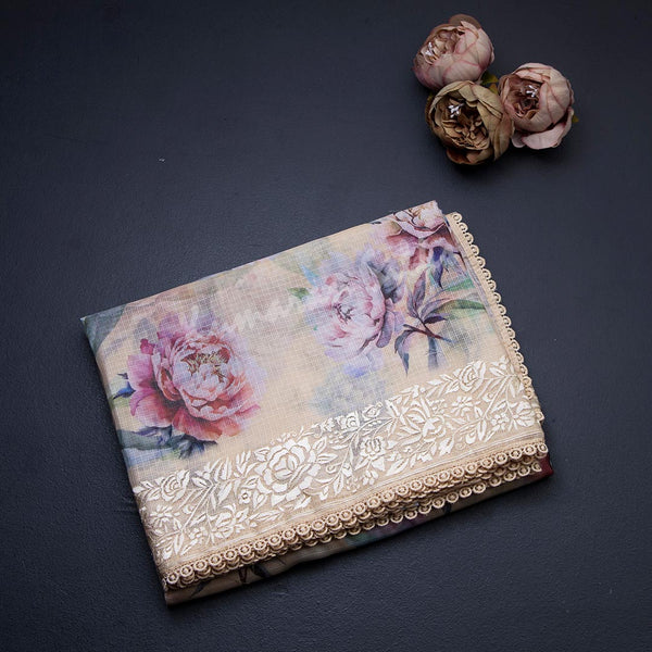 Semi Raw Silk Sandal Printed Saree With Thread Border