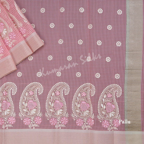 Semi Raw Silk Light Pink Thread Embroidered Saree