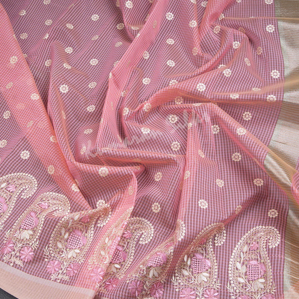 Kota Checked Light Pink Thread Embroidered Saree