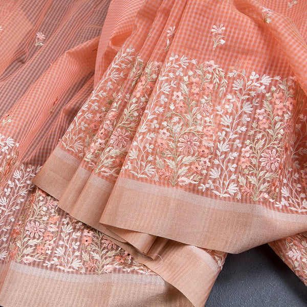 Semi Raw Silk Dark Peach Thread Embroidered Saree