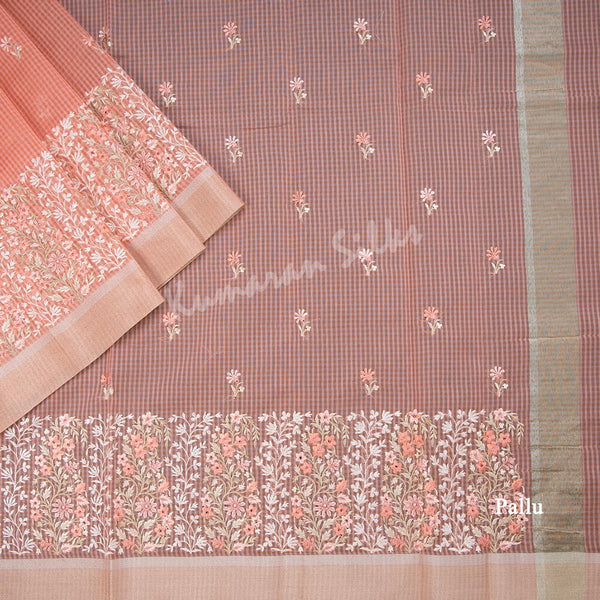 Semi Raw Silk Dark Peach Thread Embroidered Saree