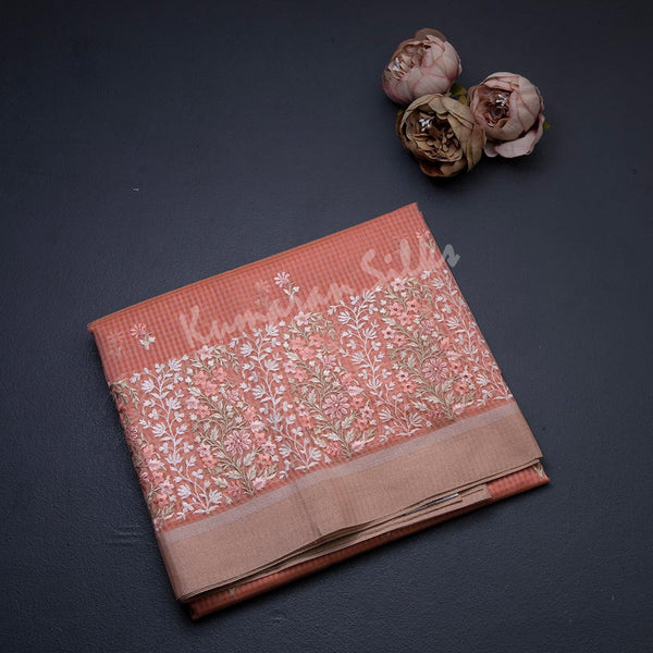 Semi Raw Silk Dark Peach Thread Embroidered Saree