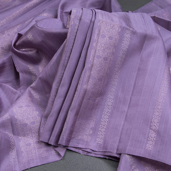 Light Purple Borderless Soft Silk Saree With Copper And Silver Zari Design