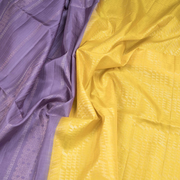 Light Purple Borderless Soft Silk Saree With Copper And Silver Zari Design