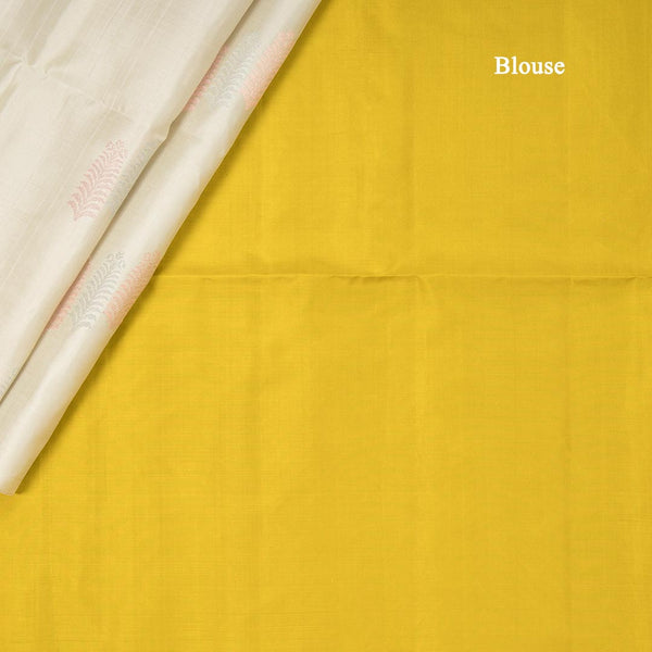 Pista Green Borderless Soft Silk Saree With Leaf Pattern In Copper And Silver Zari