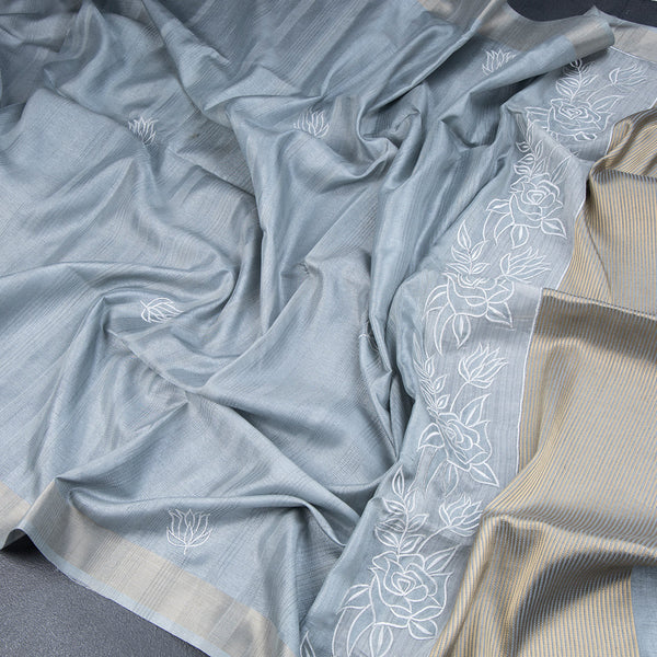 Semi Raw Silk Greyish Blue Thread Embroidered Saree