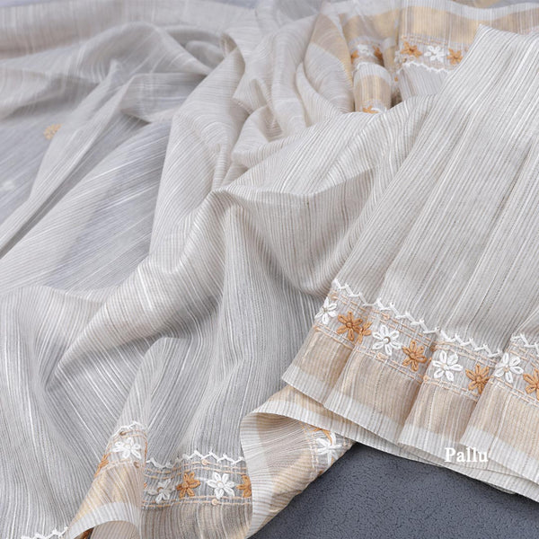 Semi Linen Cream Thread Embroidered Saree