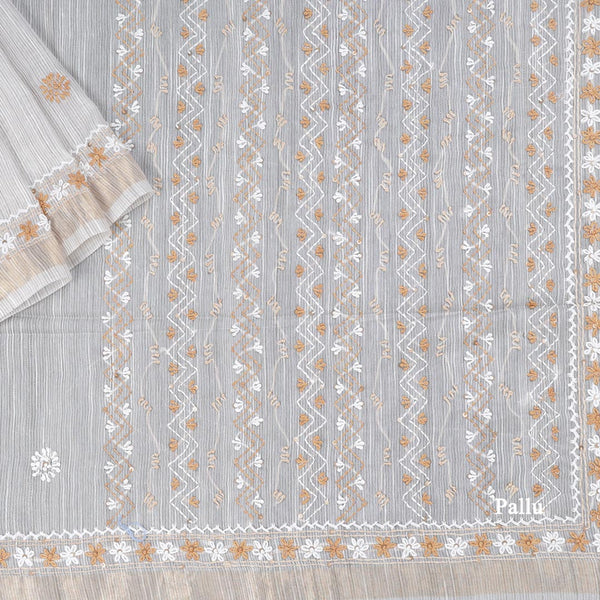 Semi Linen Cream Thread Embroidered Saree
