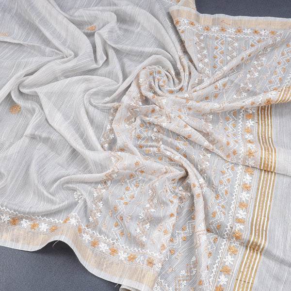 Semi Linen Cream Thread Embroidered Saree