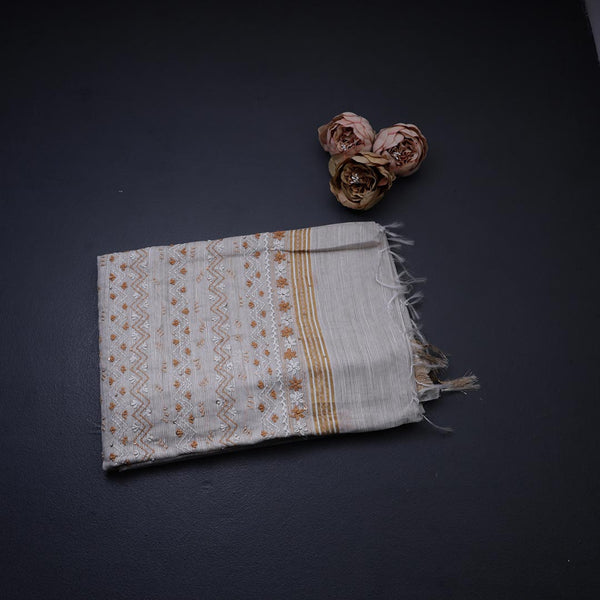 Semi Linen Cream Thread Embroidered Saree