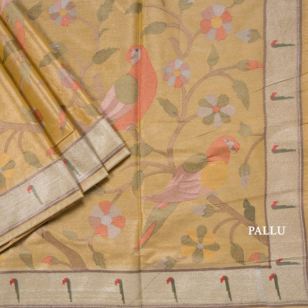 Tissue Gold Thread Embroidered Saree With Tree Design