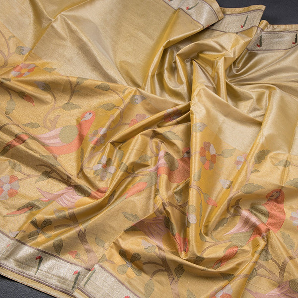 Tissue Gold Thread Embroidered Saree With Tree Design